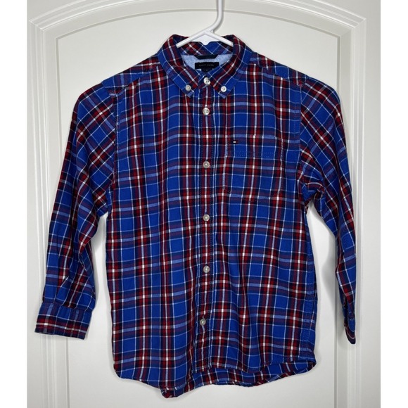 Tommy Hilfiger Other - Tommy Hilfiger Boys Kids Button Up Long Sleeve Shirt Blue‎ Red Plaid Size 6